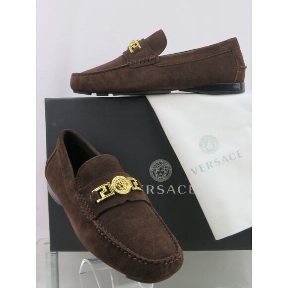 NIB VERSACE BROWN SUEDE GOLD MEDUSA HEAD LOGO LOAFERS 43 10